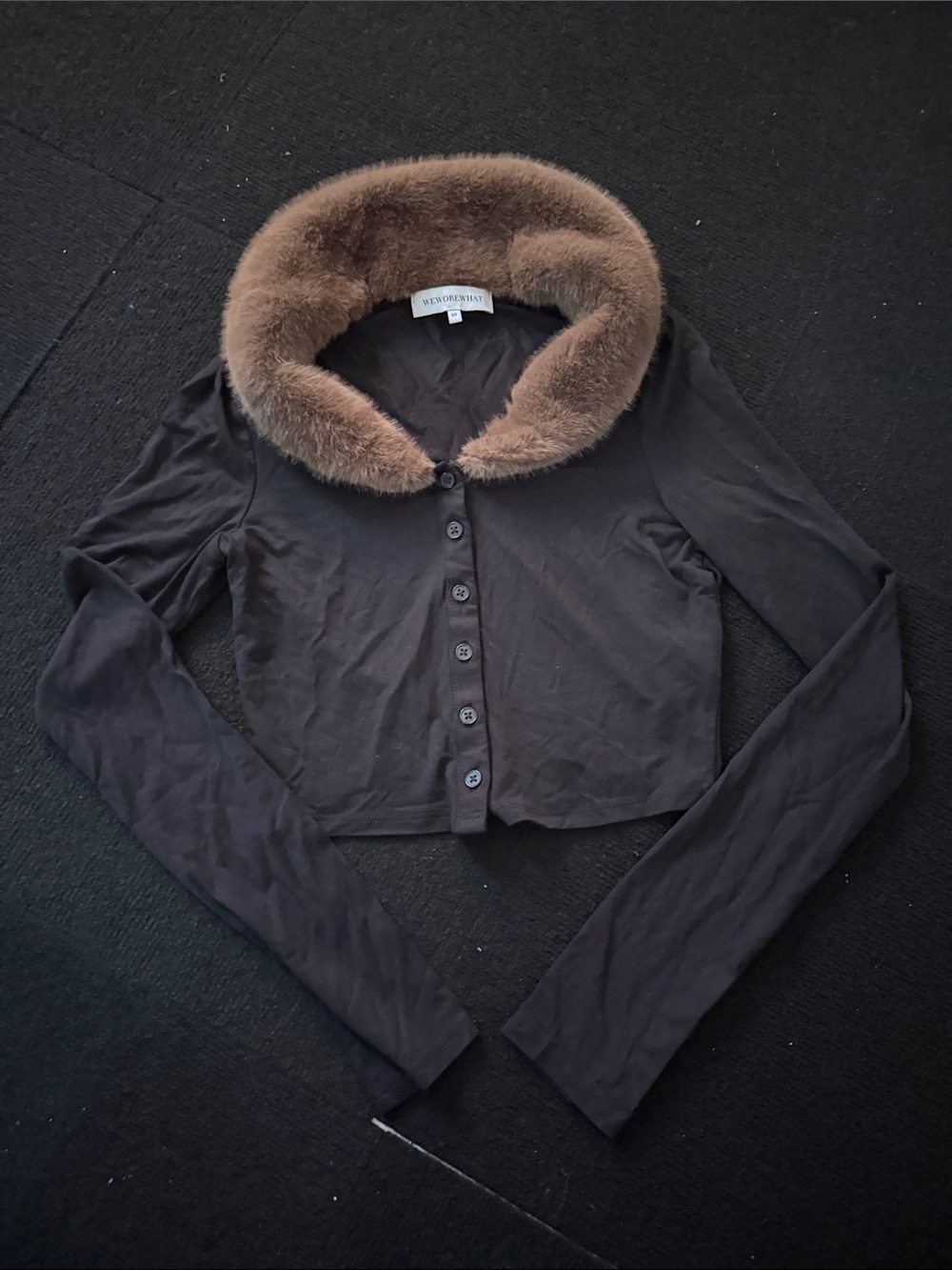 Les Copains Black Cropped Jacket with Brown Fur Collar
